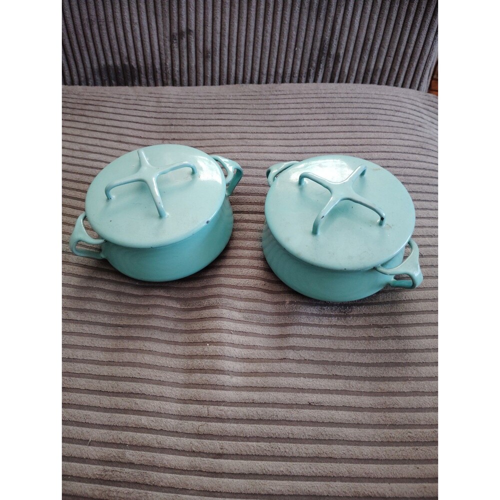 Vintage Dansk Kobenstyle Teal Enamelware 5 1/2" Dutch Ovens Set of 2
